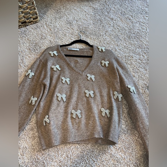 Zara faux pearl bow sweater camel - Picture 3 of 4